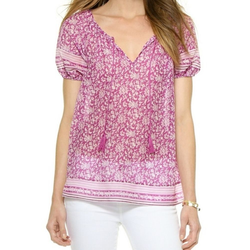 Joie Pink Floral Short-Sleeve Peasant Blouse